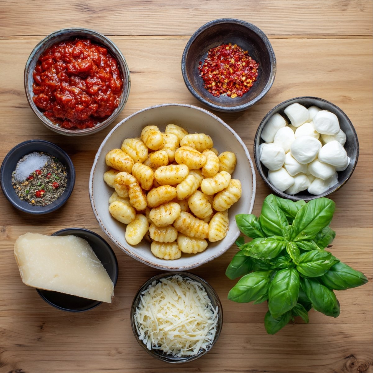 A flat lay of gnocchi ingredients including potato gnocchi, mozzarella balls, tomato sauce, parmesan, chili flakes, basil, salt, and pepper on a wooden table.