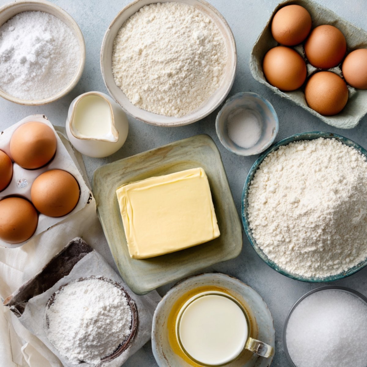 Vanilla cake ingredients laid out: flour, sugar, butter, eggs, milk, and baking powder.