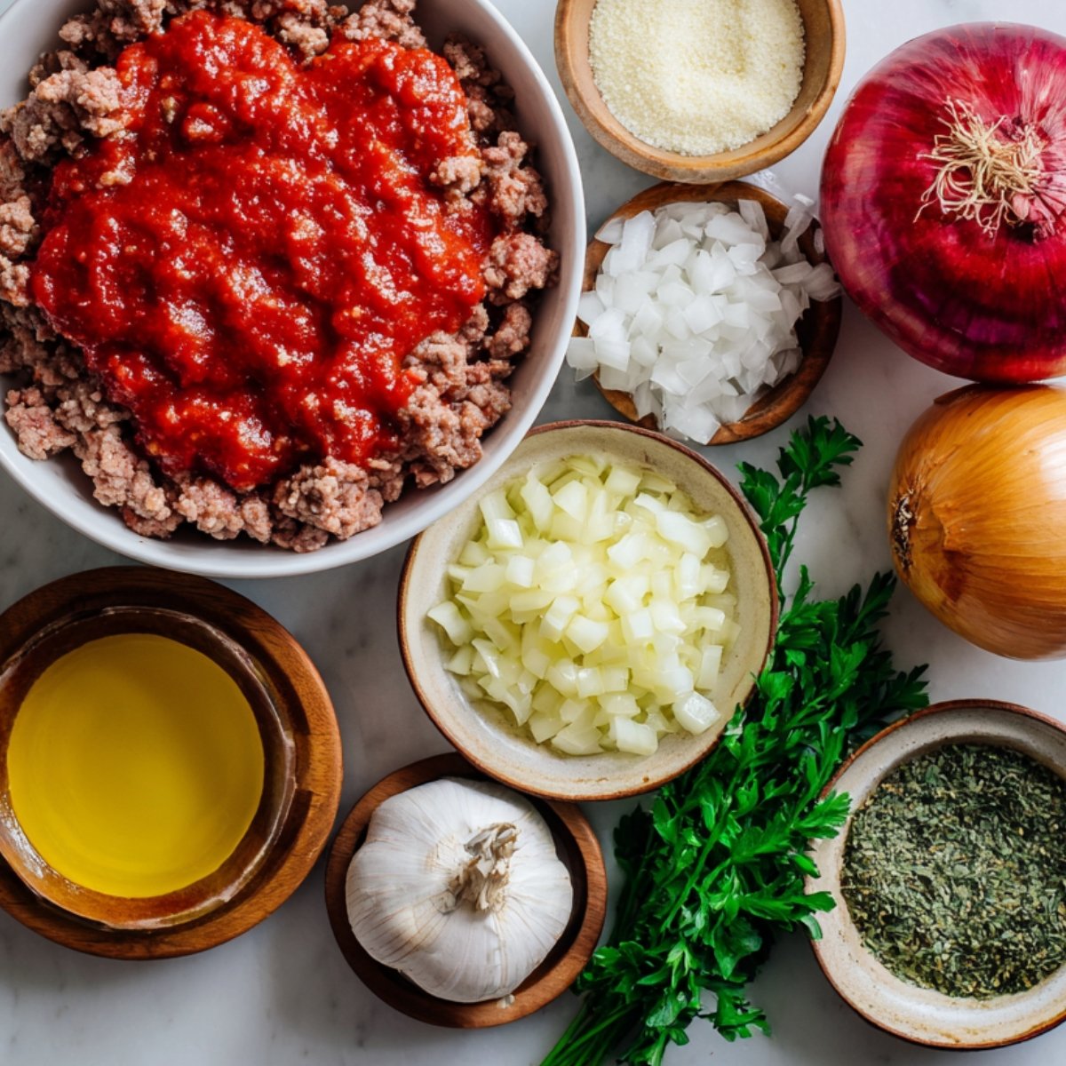"Bowl of ricotta cheese, eggs, Parmesan, basil, and pepper being mixed together with a wooden spoon for lasagna filling."