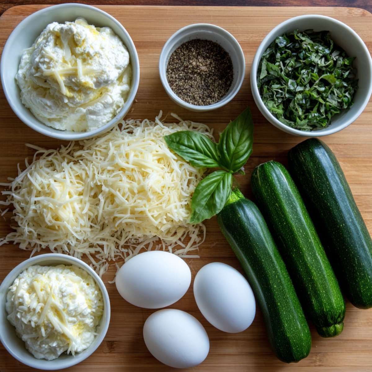 "Fresh ingredients for zucchini lasagna sauce including ground beef with marinara, diced onions, garlic, parsley, and olive oil on a countertop."