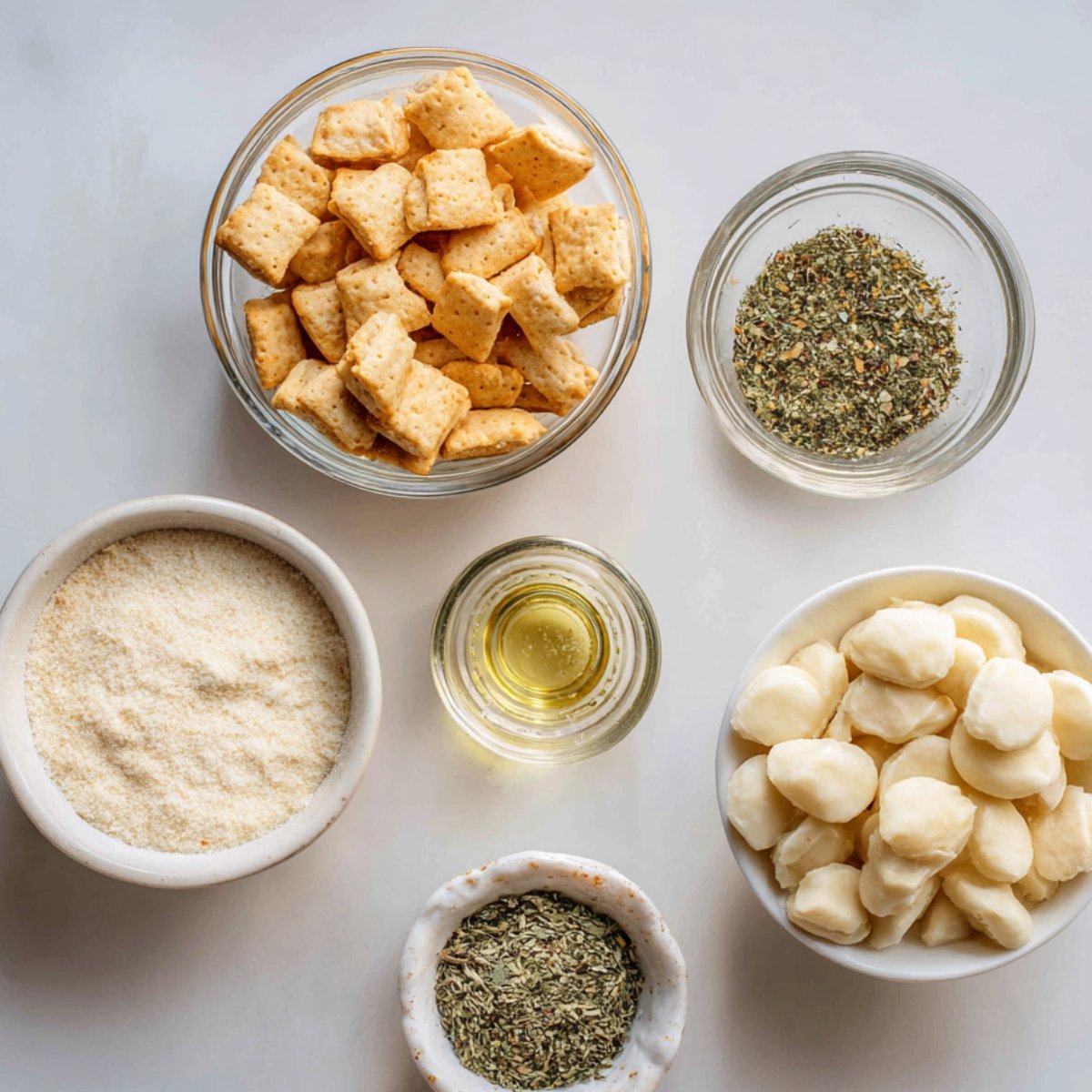 Ingredients for ranch crackers displayed in bowls, including cheese crackers, parmesan cheese, olive oil, dried herbs, and bite-sized bread pieces.