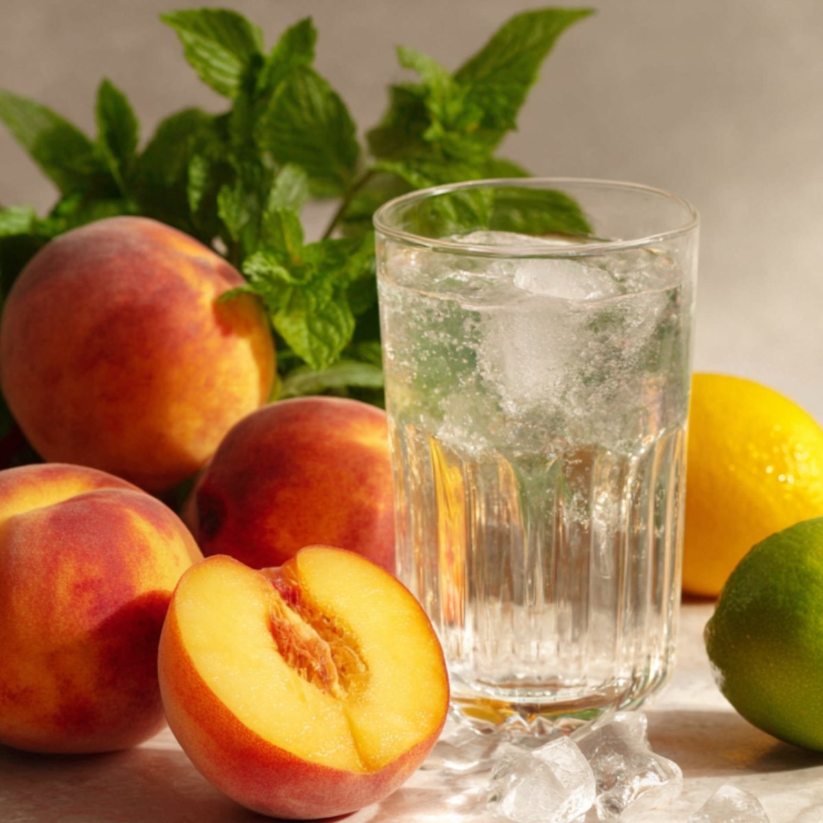 Fresh peaches with one halved, a glass of sparkling water with ice, whole lemon and lime, and fresh mint leaves arranged together as ingredients for peach lemonade.