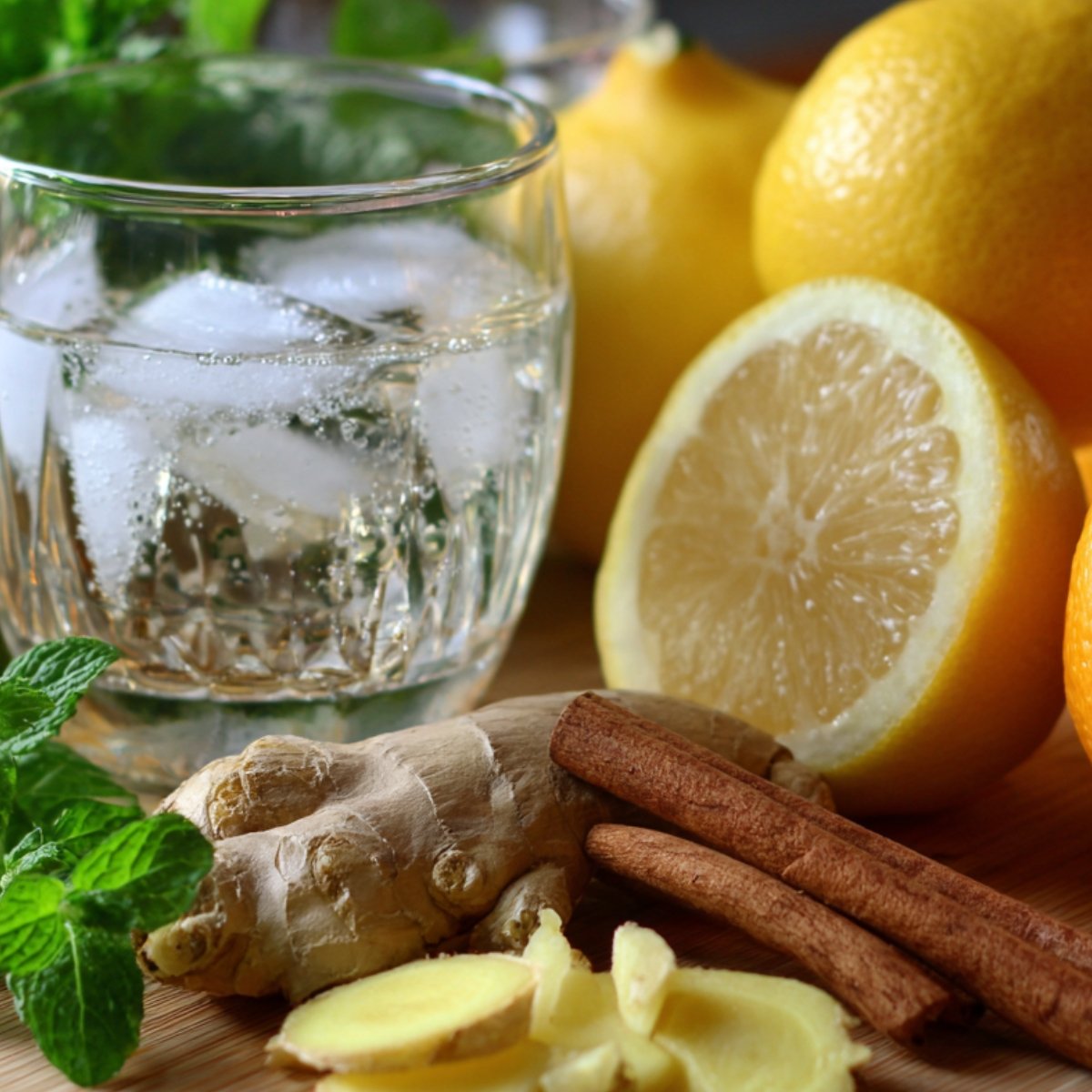 Fresh ingredients for flavoring hibiscus tea – ginger slices, cinnamon sticks, lemon halves, orange, and mint leaves arranged around a glass of iced water.