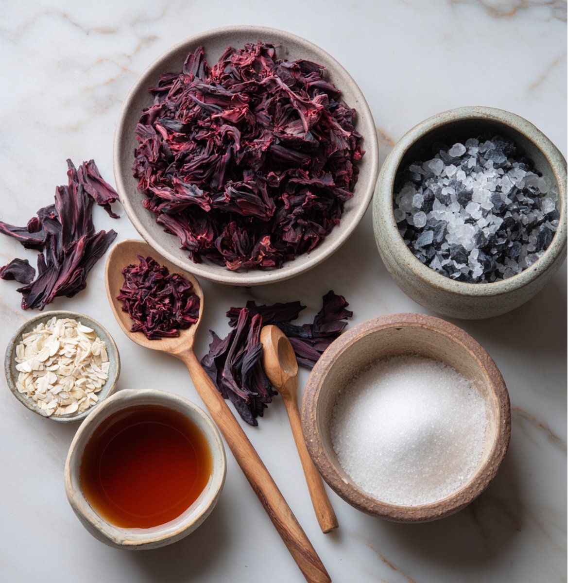A flat lay of dried hibiscus petals, sugar, salt, and honey in ceramic bowls with wooden spoons on a marble surface.