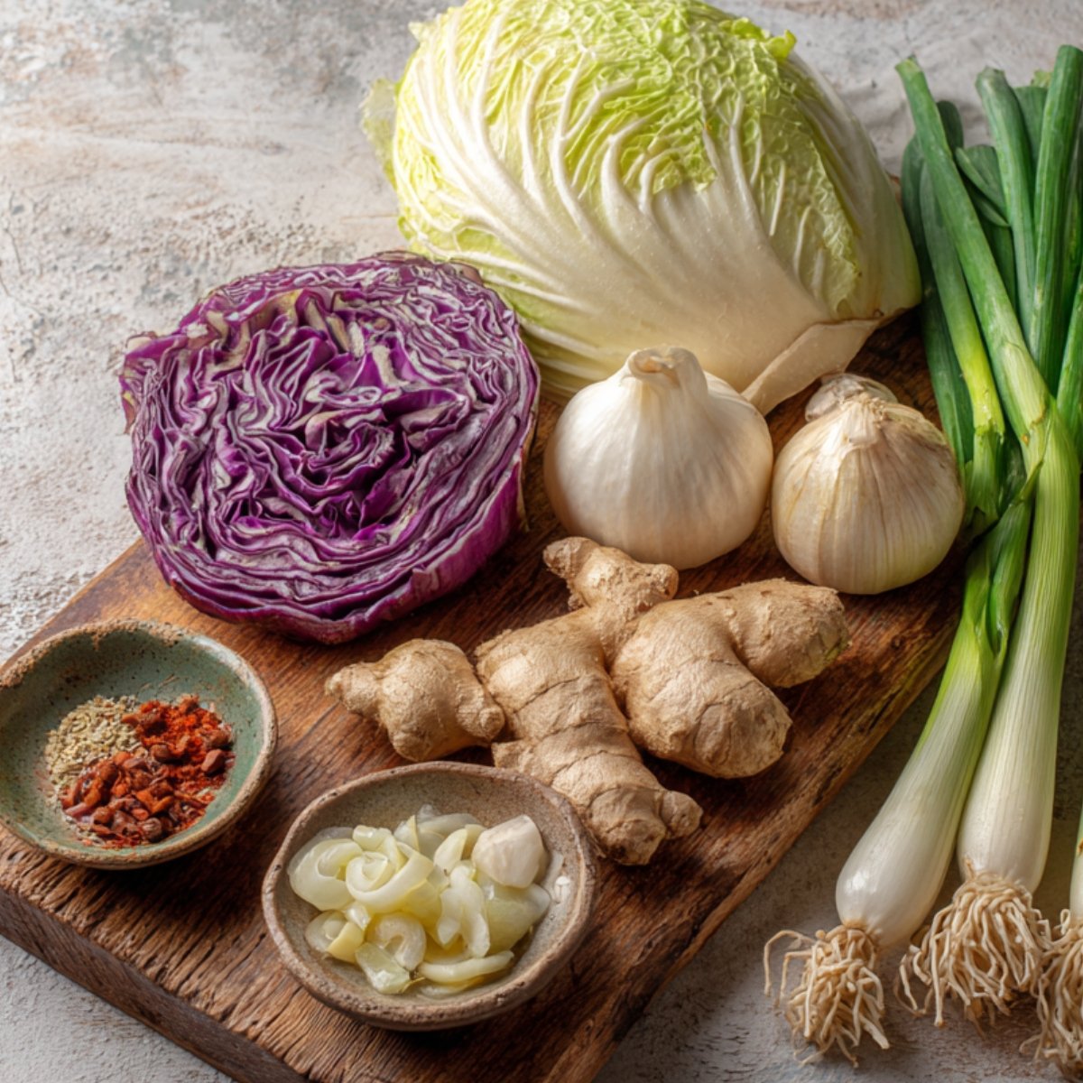 A beautifully arranged array of fresh ingredients for kimchi preparation, including napa cabbage, purple cabbage, garlic cloves, ginger, and green onions, along with gochugaru (Korean chili flakes) and other spices in small bowls.