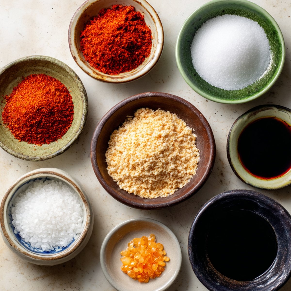 A variety of spices and seasonings laid out in small bowls, including gochugaru (Korean chili flakes), sugar, salt, fish sauce, and other flavorings, all ready for mixing into the fresh kimchi.
