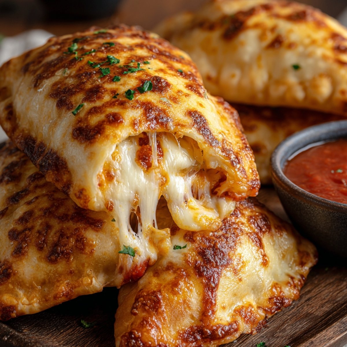 Close-up of a cheesy pizza pockets cut open with gooey melted cheese oozing out, served next to a bowl of marinara sauce.