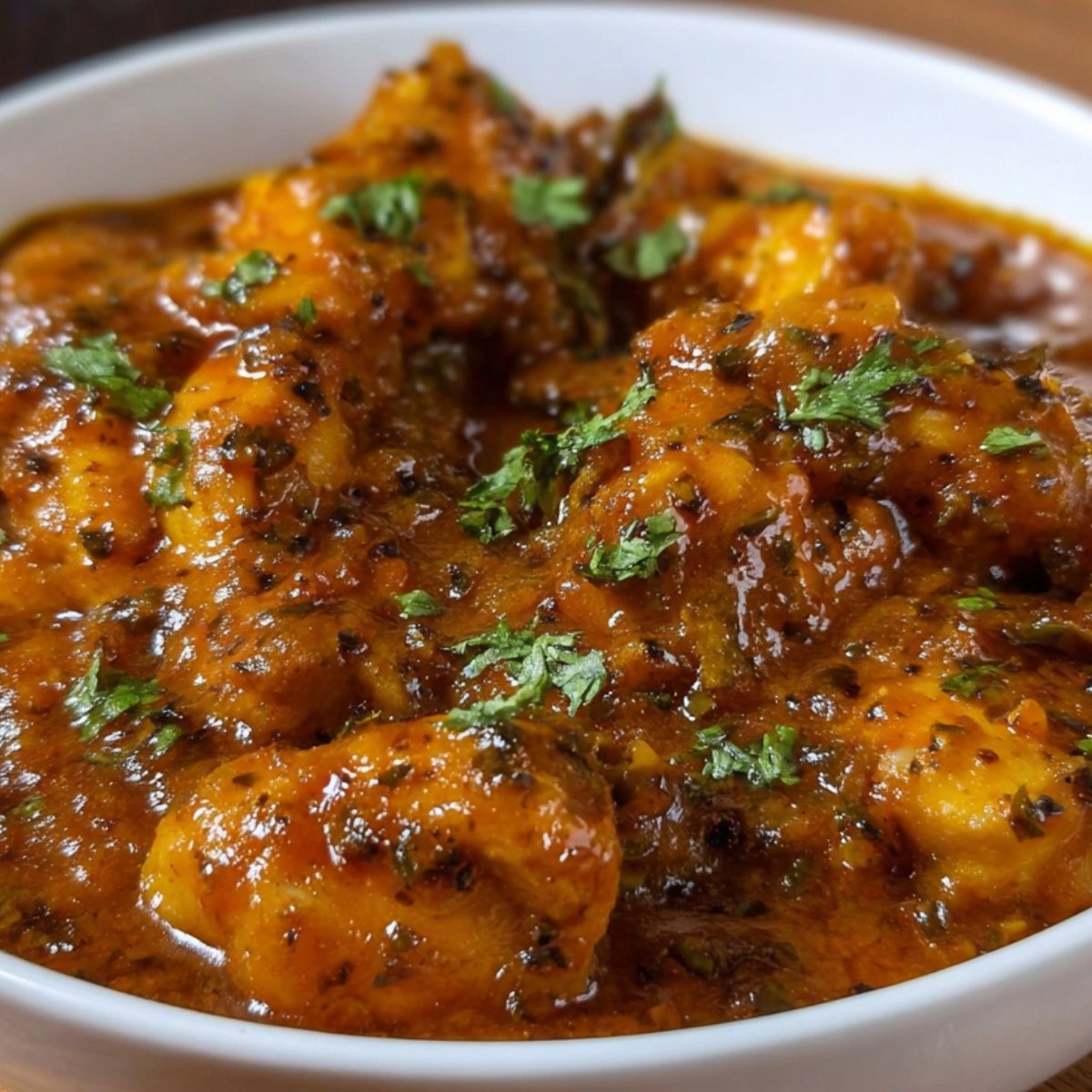 A bowl of homemadeChicken Gravy Recipe Indian curry with chunks of chicken in a thick, spiced gravy garnished with chopped cilantro.