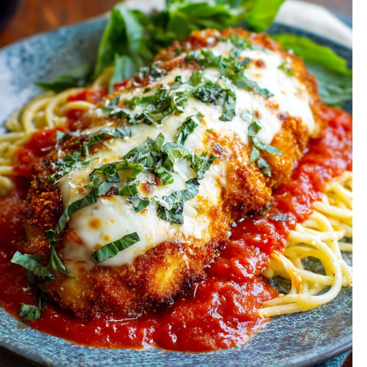 A plate of chicken parmesan recipe served over spaghetti pasta, topped with melted mozzarella, marinara sauce, grated parmesan, and fresh basil.
