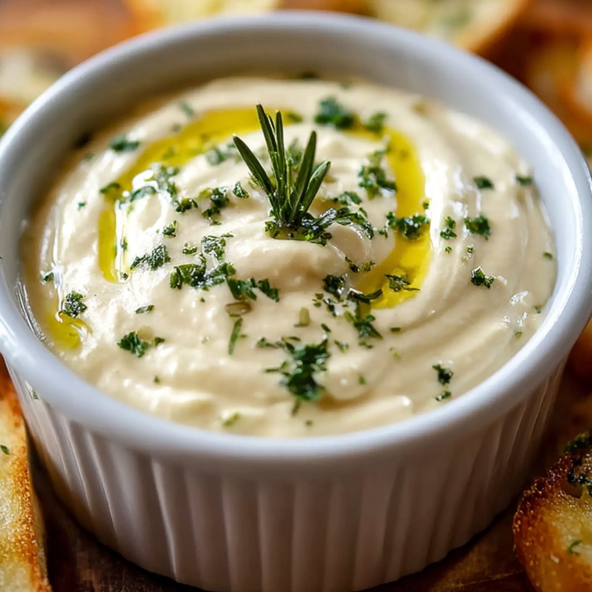 A small white ramekin of creamy garlic aioli recipe, drizzled with olive oil and garnished with chopped parsley and rosemary, surrounded by toasted bread slices.