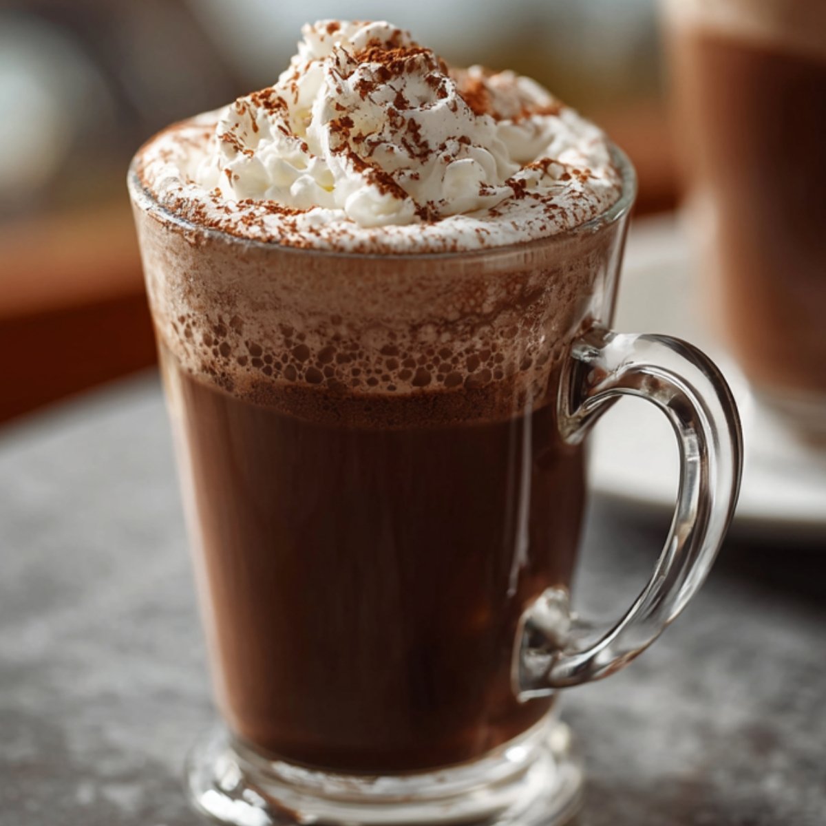 A glass mug of Paris hot chocolate topped with whipped cream and a dusting of cocoa powder.