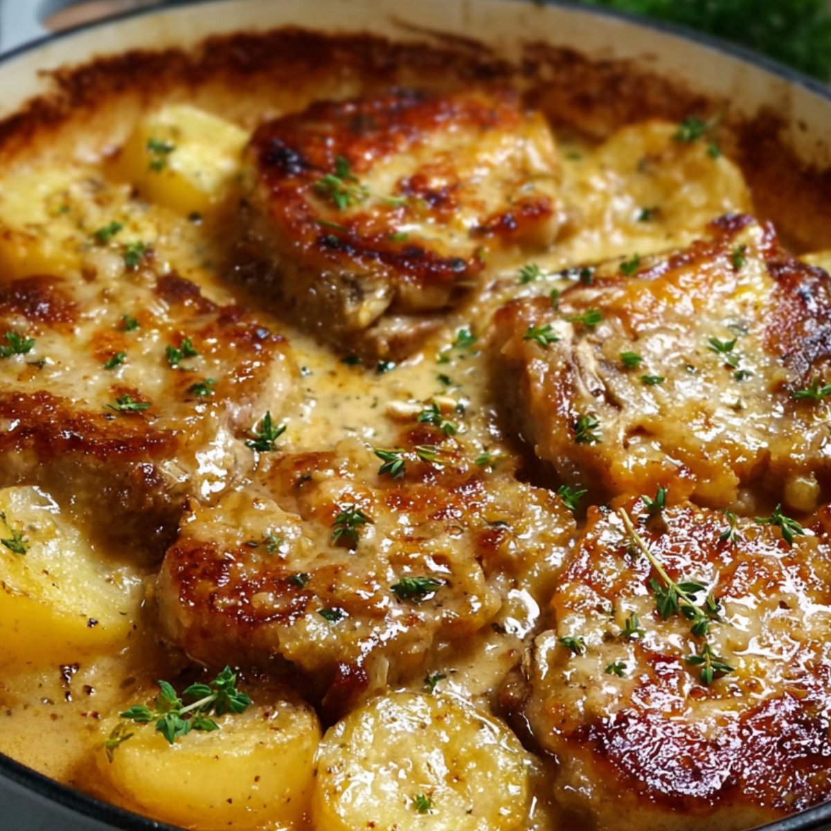 Golden baked Pork Chop and Potato Bake in creamy sauce, topped with fresh thyme in casserole dish.
