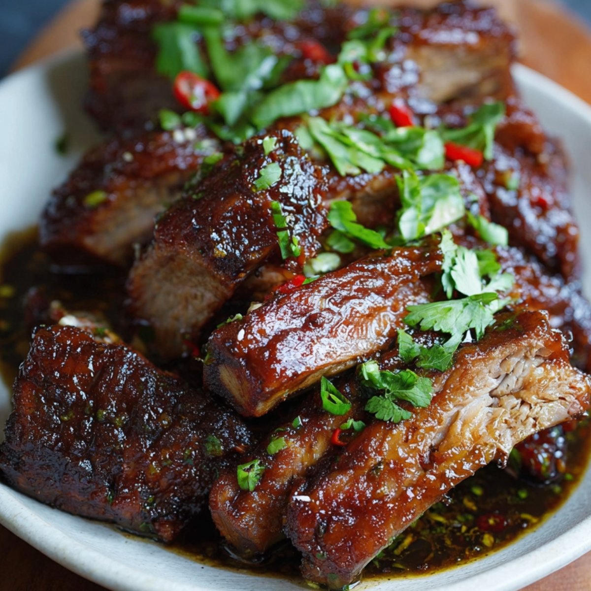 Plate of glazed barbecue pork ribs recipe garnished with chopped cilantro and chili peppers, ready to serve.