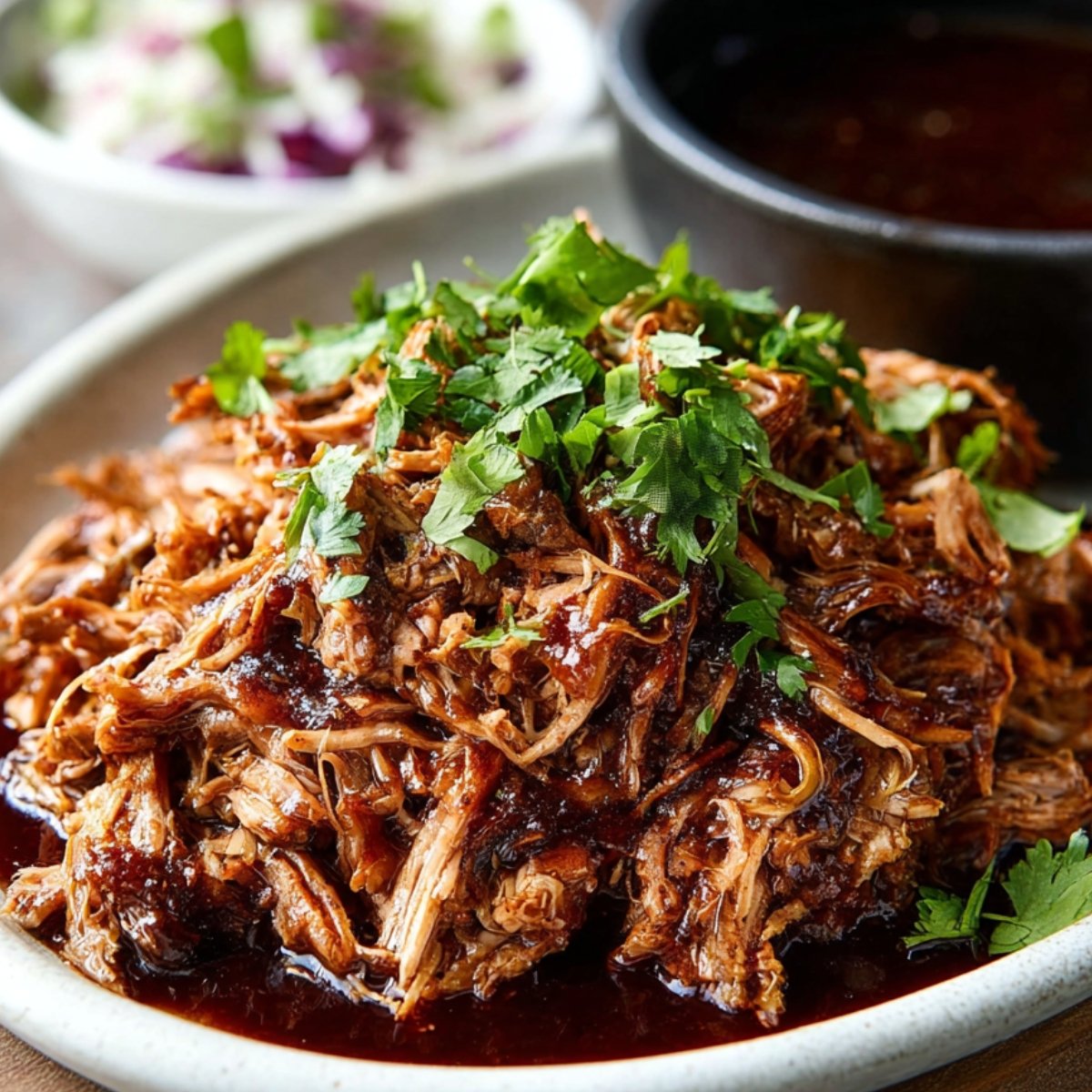 Plate of shredded pulled pork recipe coated in barbecue sauce, garnished with fresh chopped herbs, with a bowl of sauce and coleslaw in the background.