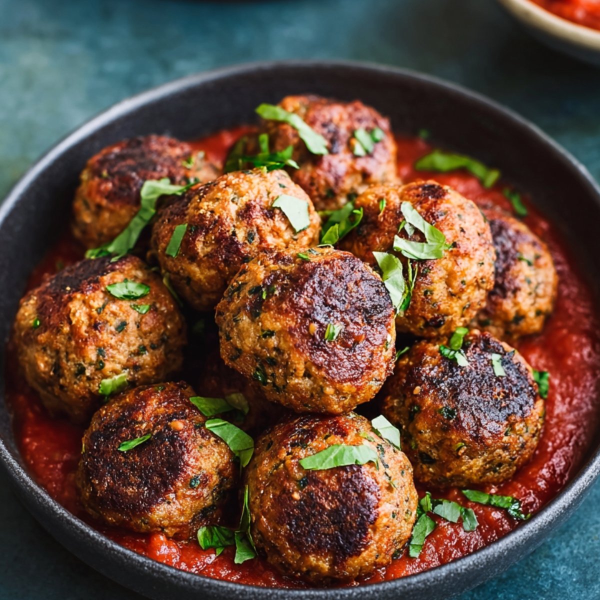 Finished vegan meatballs recipe in a bowl, browned and garnished with fresh herbs, served on top of tomato sauce.