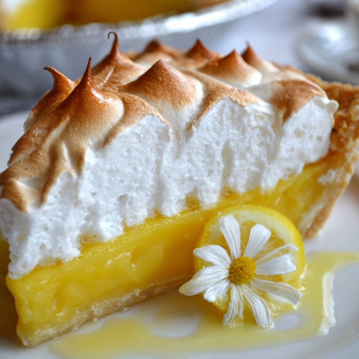 A slice of lemon meringue pie on a plate, showing the bright yellow lemon filling topped with tall, golden-browned meringue peaks, garnished with a lemon slice and a small white flower.