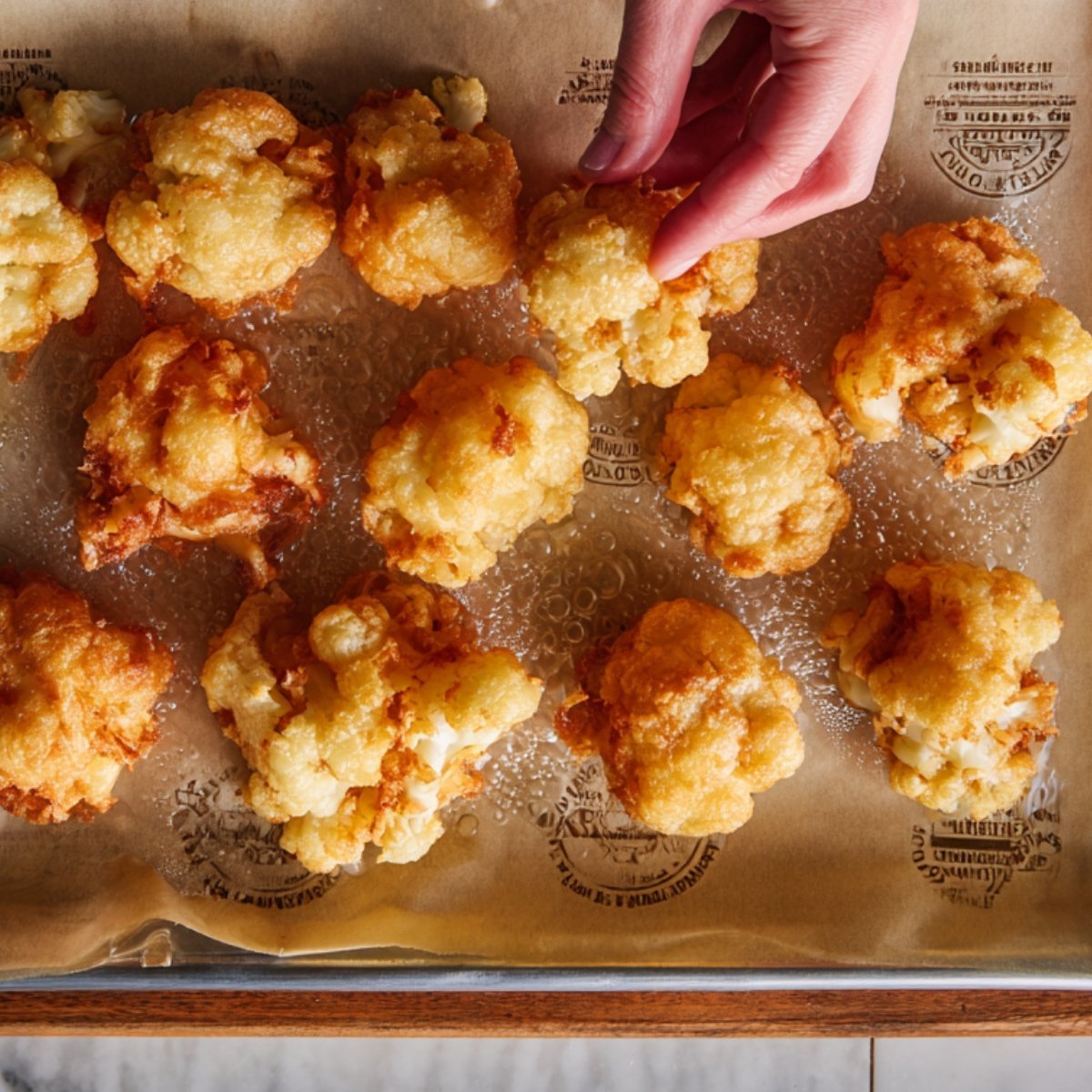 "Battered cauliflower florets frying to golden crisp on parchment-lined tray, with a hand arranging pieces."