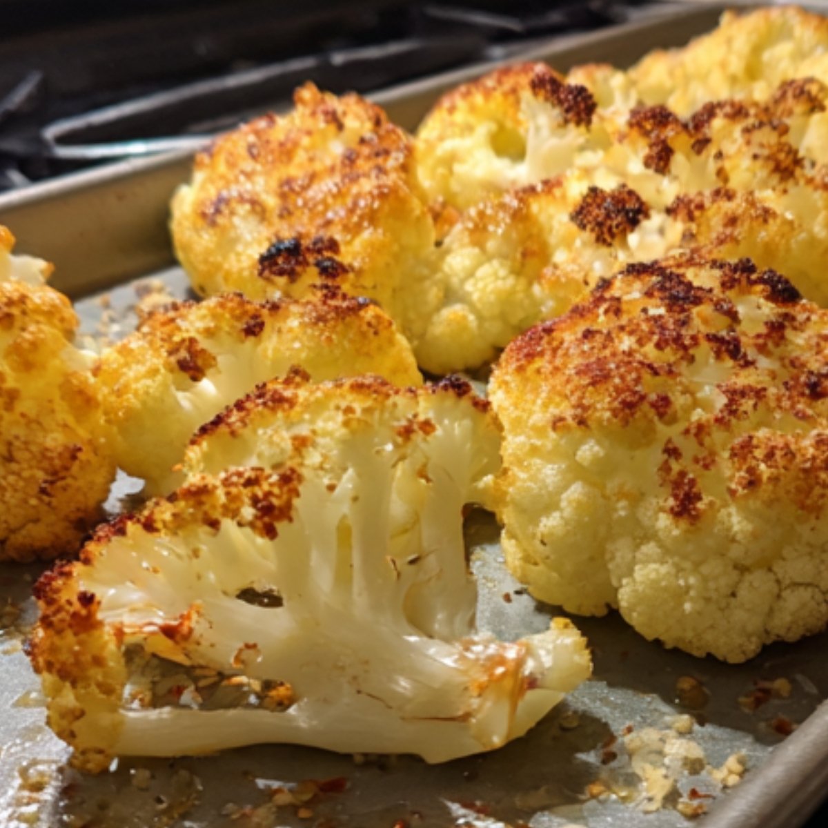"Golden roasted cauliflower florets on a baking sheet, fresh from the oven with crispy charred edges."