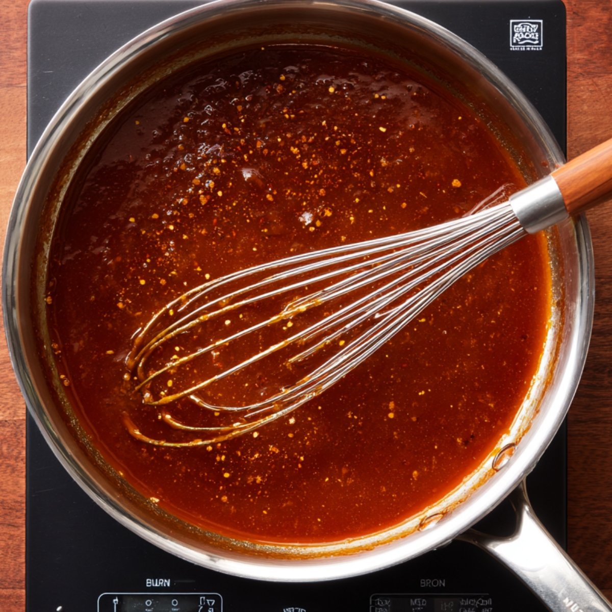 "Homemade buffalo sauce simmering in a saucepan with whisk, showing a rich spicy red glaze with chili flakes."