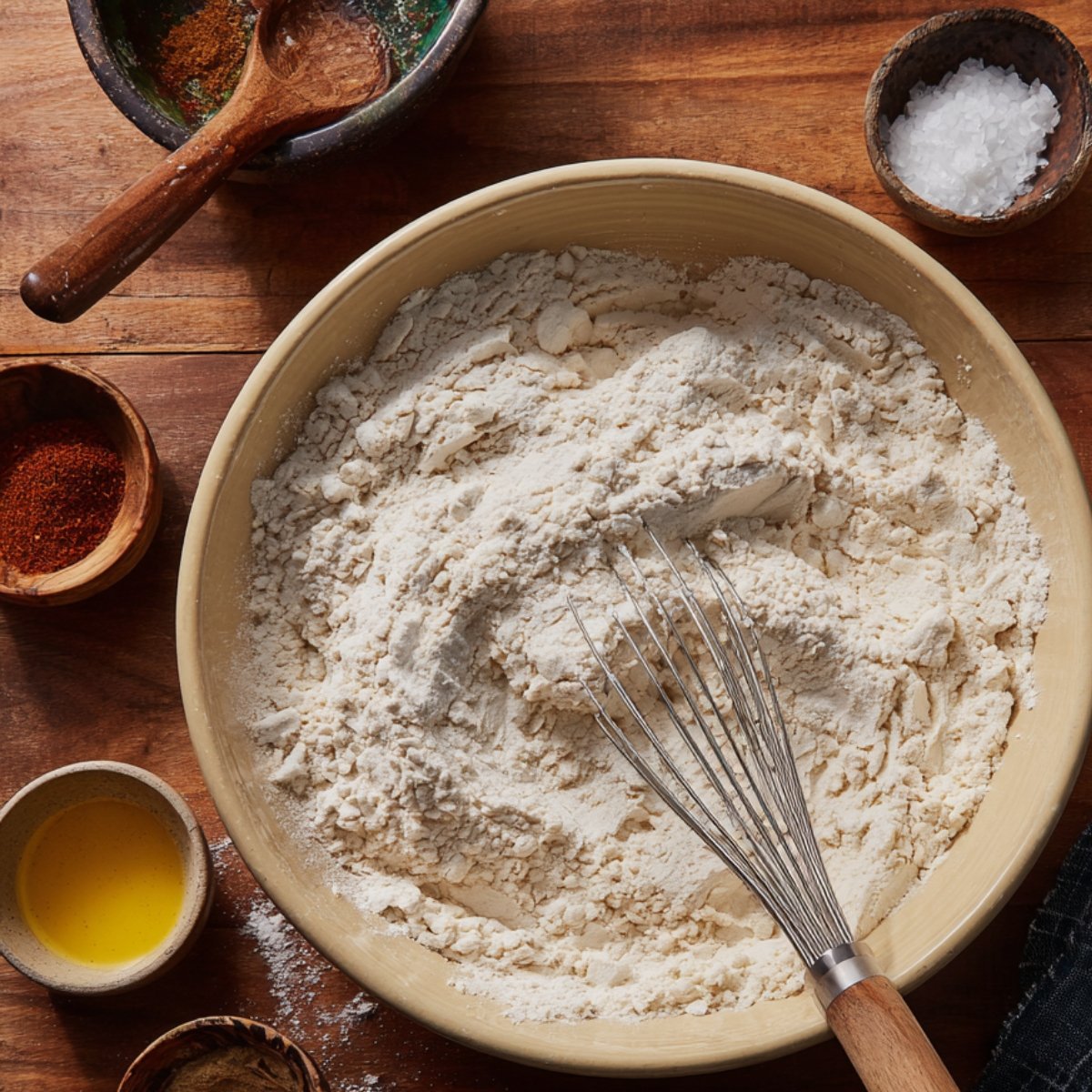 "Mixing flour and spices in a large bowl with a whisk, surrounded by small bowls of paprika, chili powder, and salt."