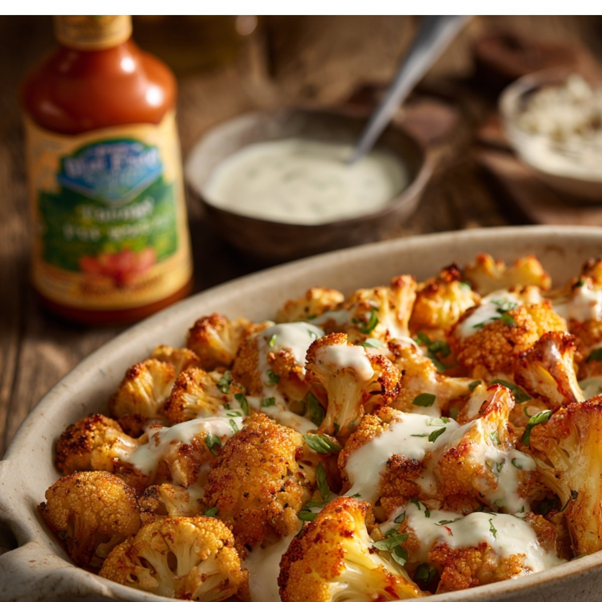 "Baked buffalo cauliflower bites drizzled with creamy ranch dressing, served hot in a rustic dish with parsley garnish."