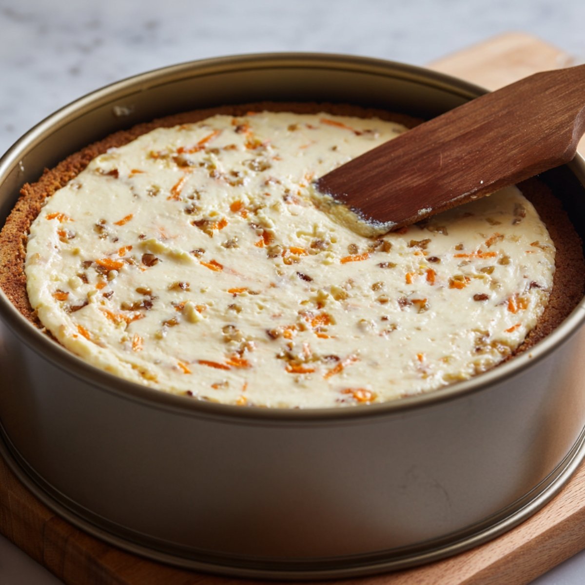 Carrot cake cheesecake layer being smoothed in a springform pan with a spatula.