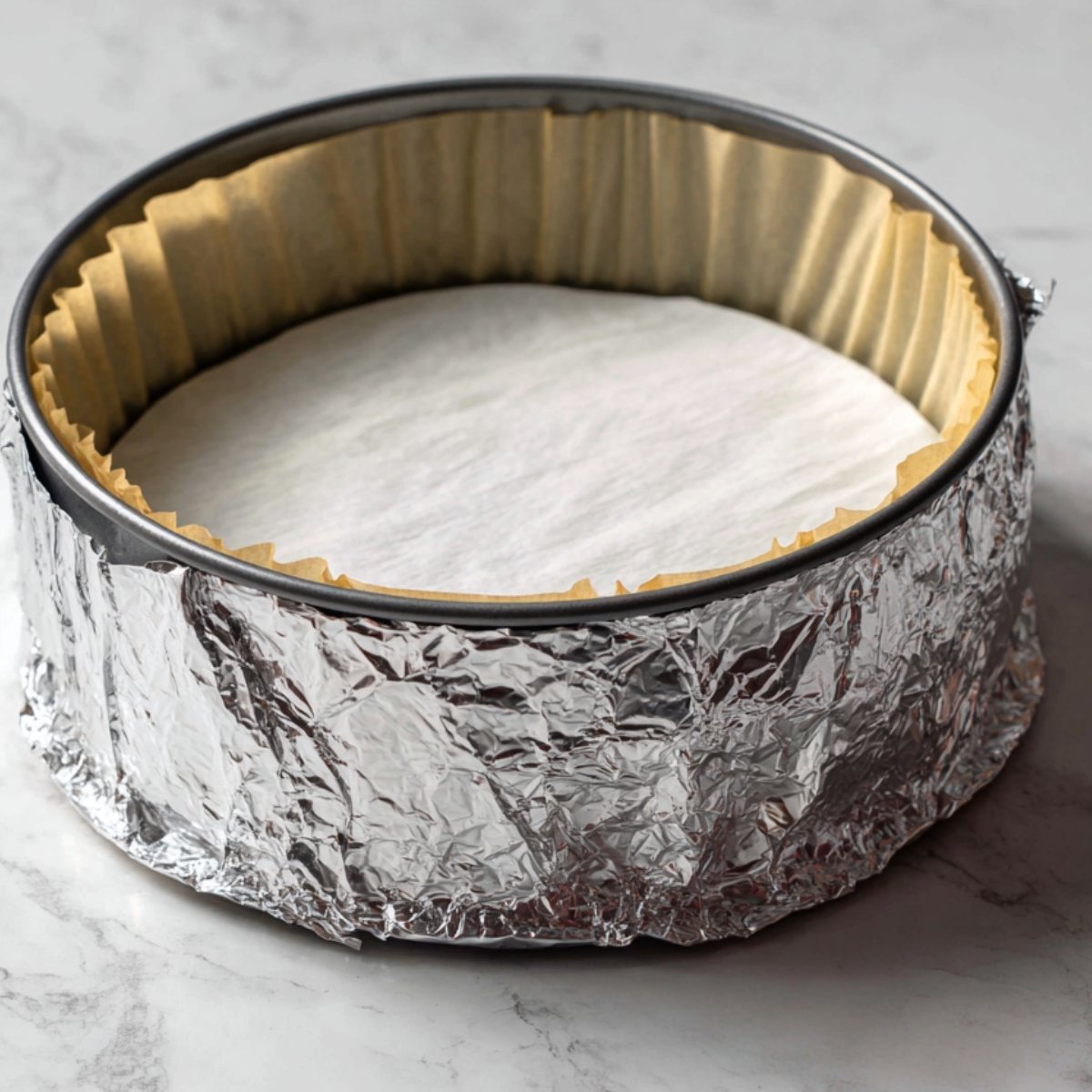 Prepared springform pan lined with parchment paper and wrapped in aluminum foil.