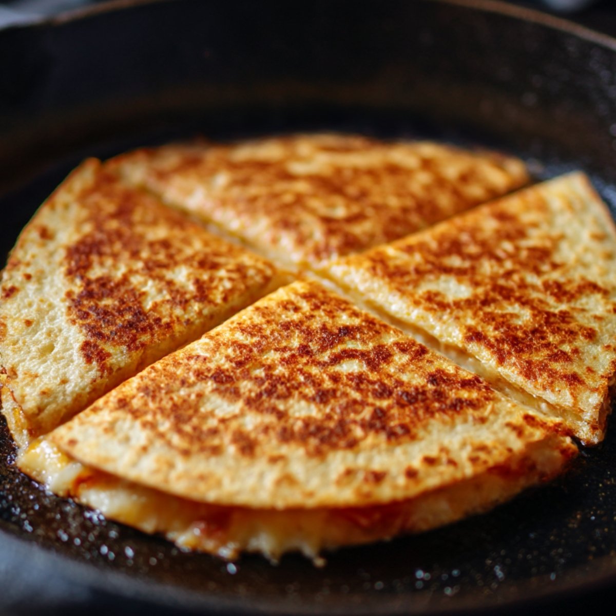 Crispy cheese quesadilla in a skillet, cut into four triangular pieces with melted cheese inside.