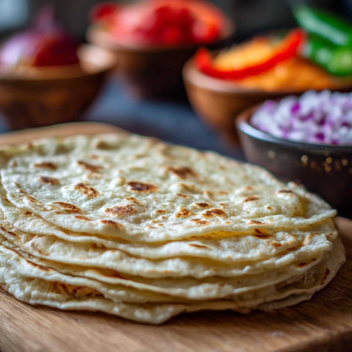 Stack of fresh flour tortillas on a wooden board with bowls of chopped vegetables and shredded cheese in the background.