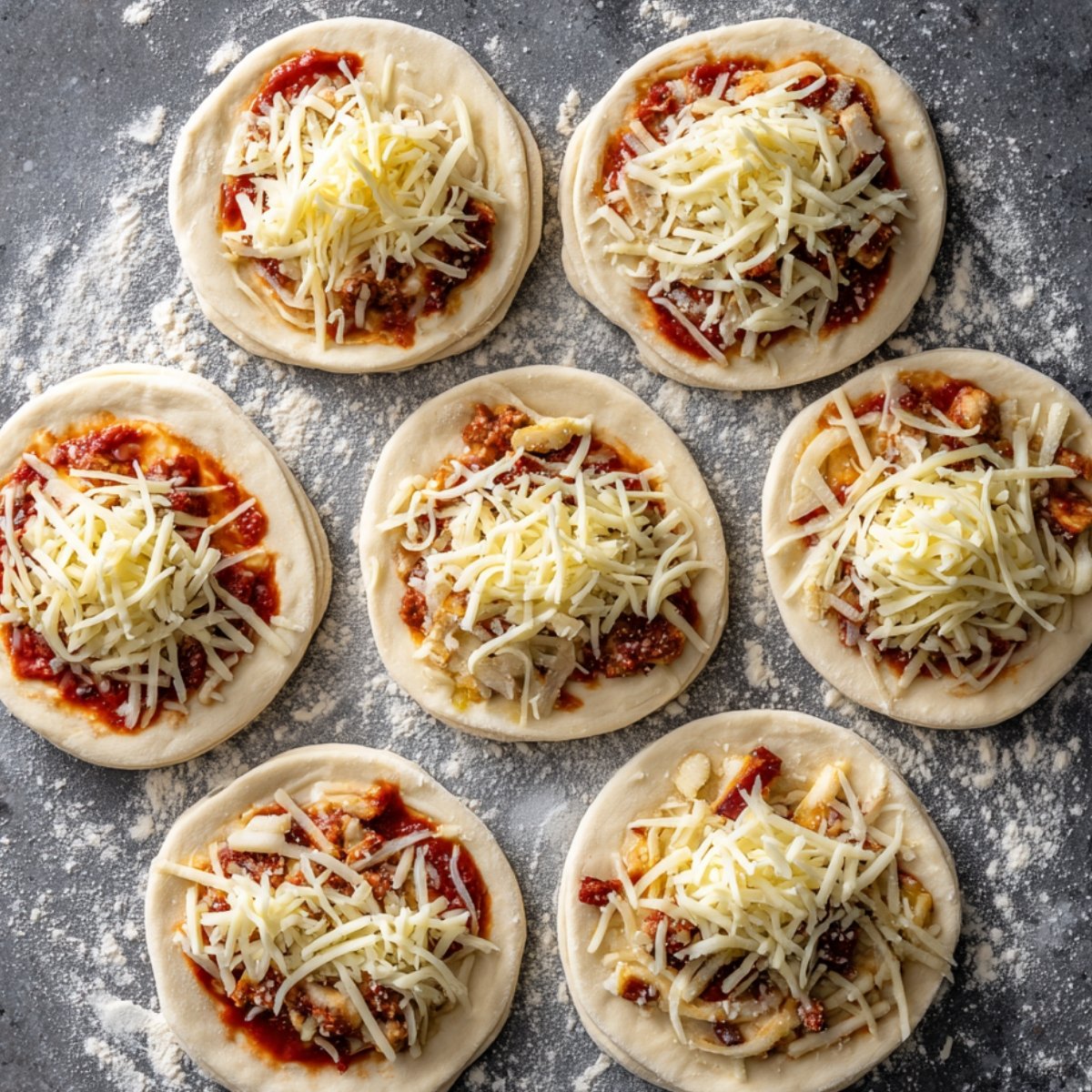Round pieces of dough topped with pizza sauce, cheese, and various fillings, arranged on a floured surface ready to be folded into pockets.