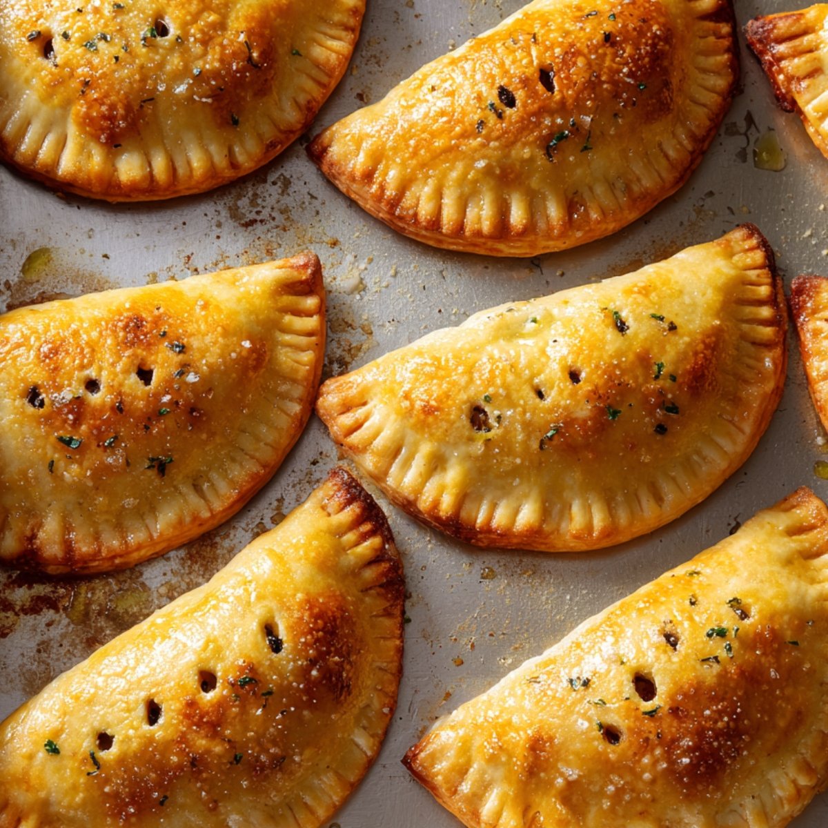 A tray of evenly browned, sealed cheesy pizza pockets with fork-crimped edges and a shiny egg-wash finish, sprinkled with herbs.