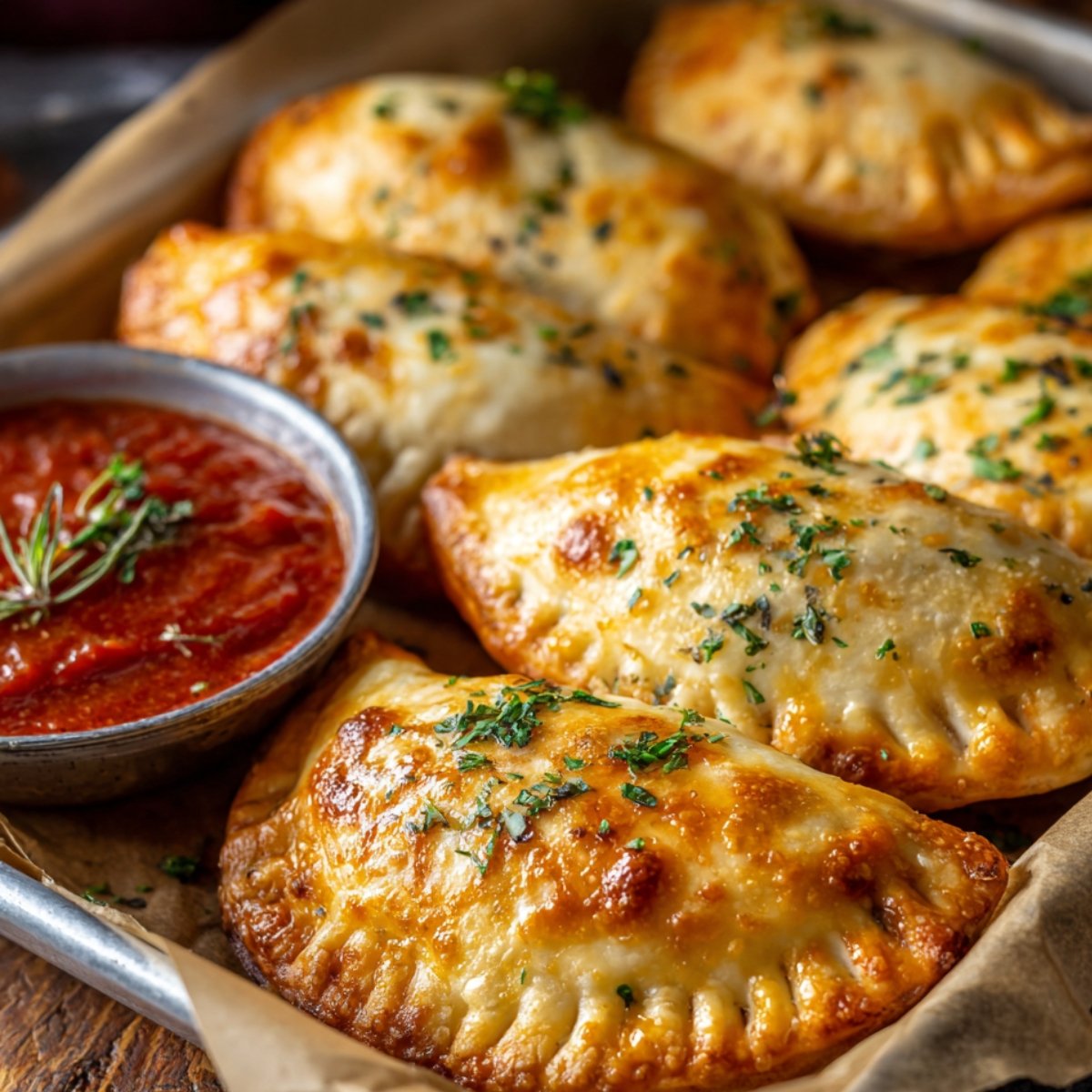 Golden-brown baked cheesy pizza pockets topped with herbs, served with a bowl of marinara sauce garnished with rosemary.