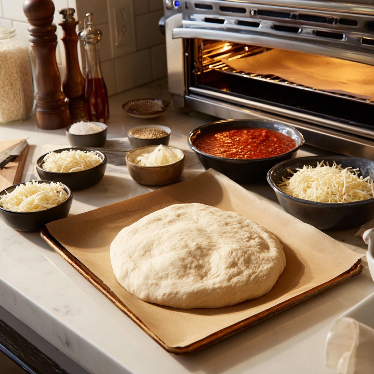A ball of pizza dough on parchment paper surrounded by bowls of shredded cheese, tomato sauce, onions, and seasonings near an open oven.