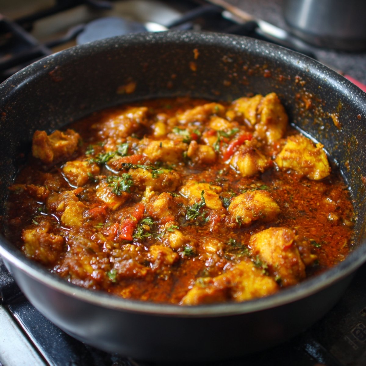 A cooking pot filled with chicken pieces simmering in a thick, spiced Indian curry sauce with herbs.