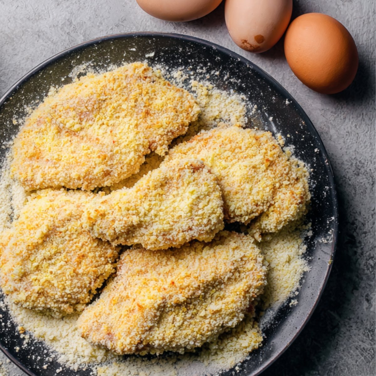 A plate of raw chicken breasts coated in a bread crumb and parmesan mixture, with whole eggs in the background.