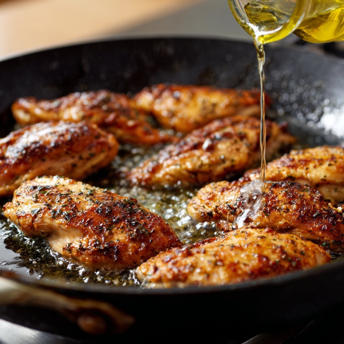 Chicken breasts being pan-fried in a skillet with hot oil, seasoned and golden brown, while olive oil is being poured into the pan.