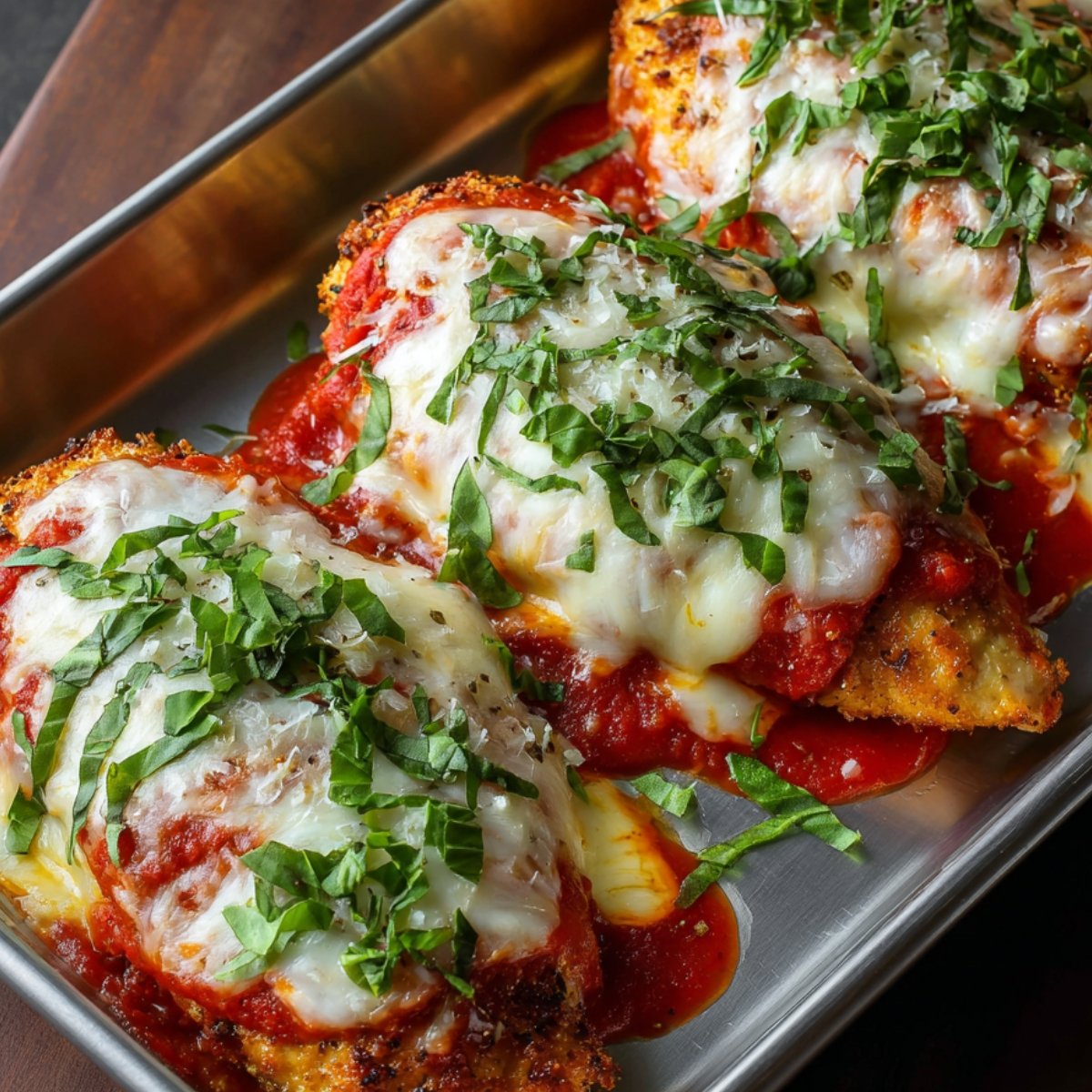 A baking tray with crispy breaded chicken breasts topped with marinara sauce, melted mozzarella cheese, grated parmesan, and fresh chopped basil.