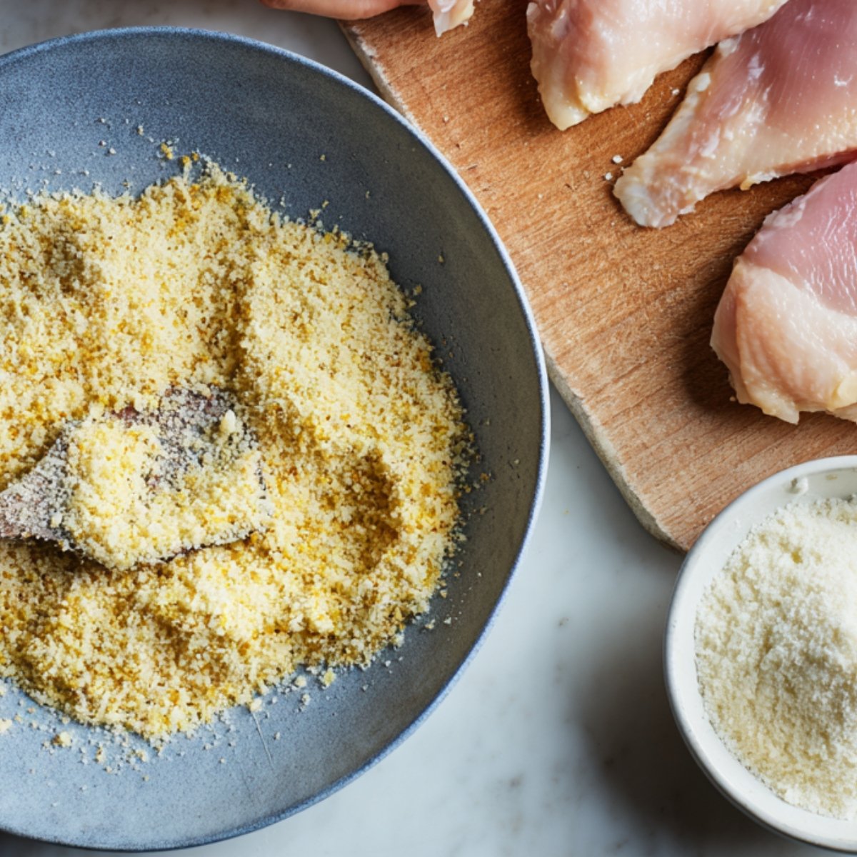 Raw chicken breasts on a cutting board next to a bowl of bread crumbs and grated parmesan, with a spoon in the breading mixture.