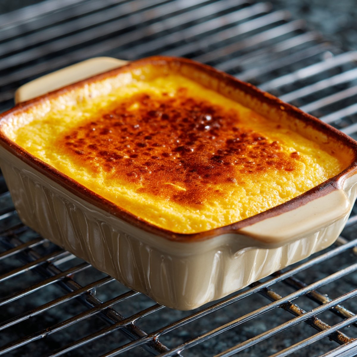 A rectangular ceramic baking dish containing a freshly baked corn soufflé with a dark golden, caramelized top, resting on a cooling rack.