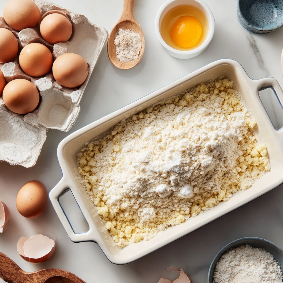 A rectangular baking dish filled with flour and cornmeal mixture, surrounded by whole eggs, cracked eggshells, and small bowls of ingredients.