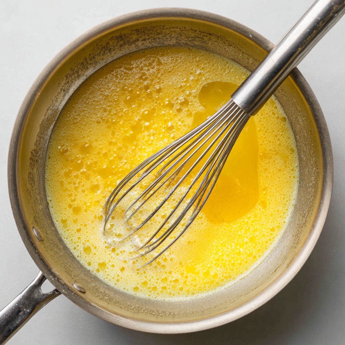 A saucepan with yellow hollandaise sauce being whisked until smooth, with bubbles forming on the surface.
