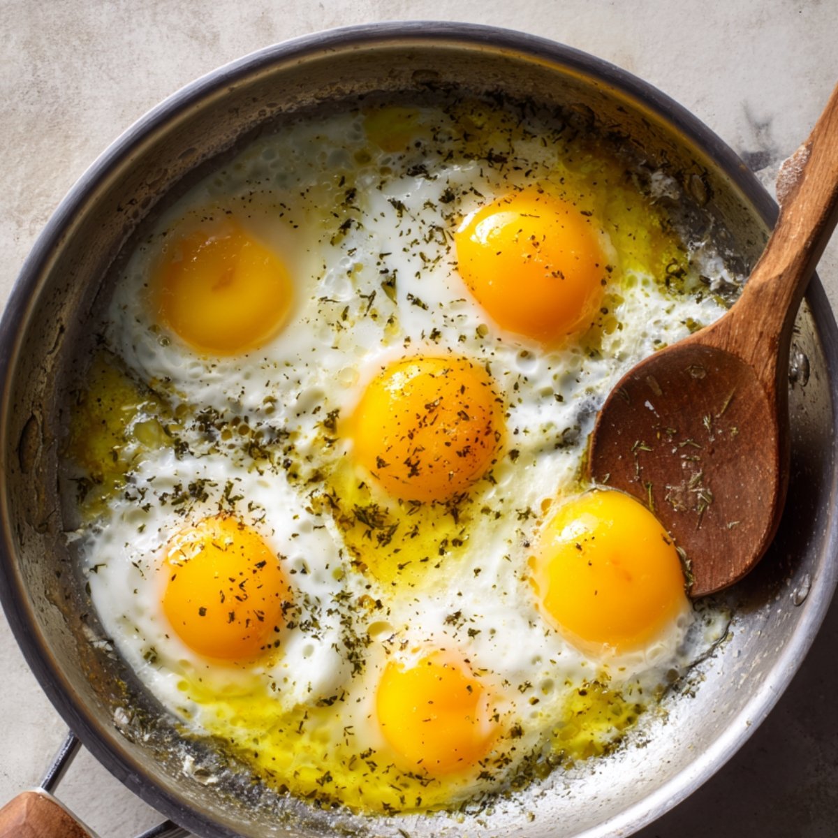 A frying pan with multiple sunny-side-up eggs sizzling in butter, seasoned with herbs, and stirred with a wooden spoon.