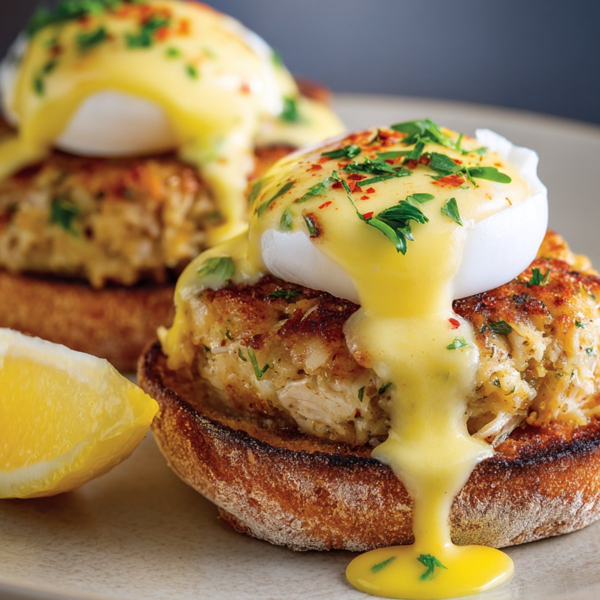 A close-up of crab cake benedict served on toasted English muffins, topped with poached eggs and hollandaise sauce, garnished with herbs and accompanied by a lemon wedge.