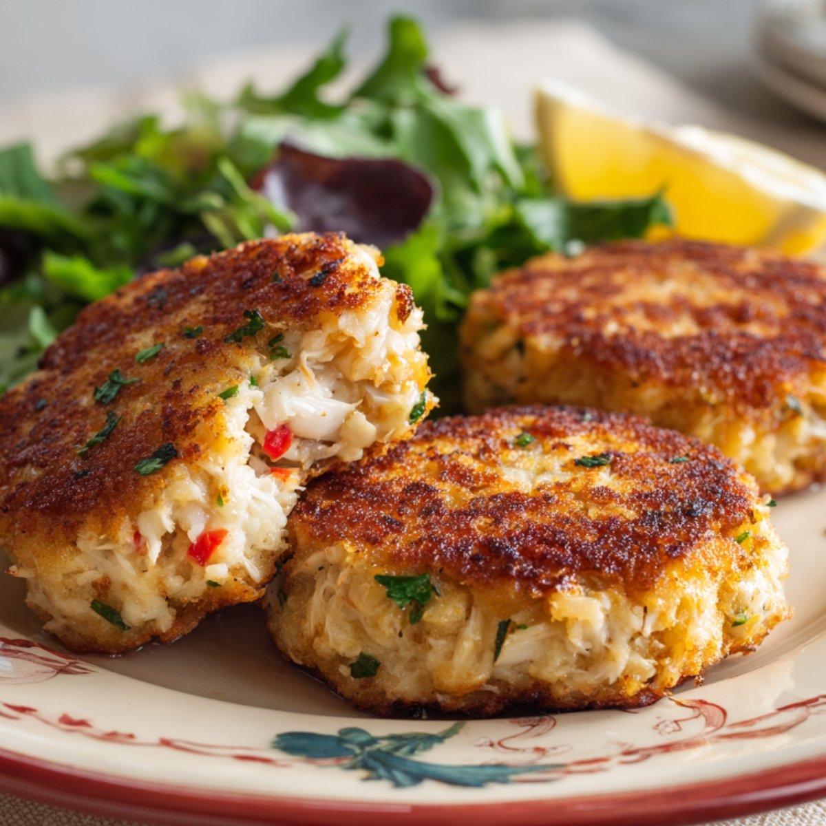 A plate of golden-brown crab cakes garnished with herbs, one broken open to reveal the moist crab filling inside, served with salad greens and lemon wedges.