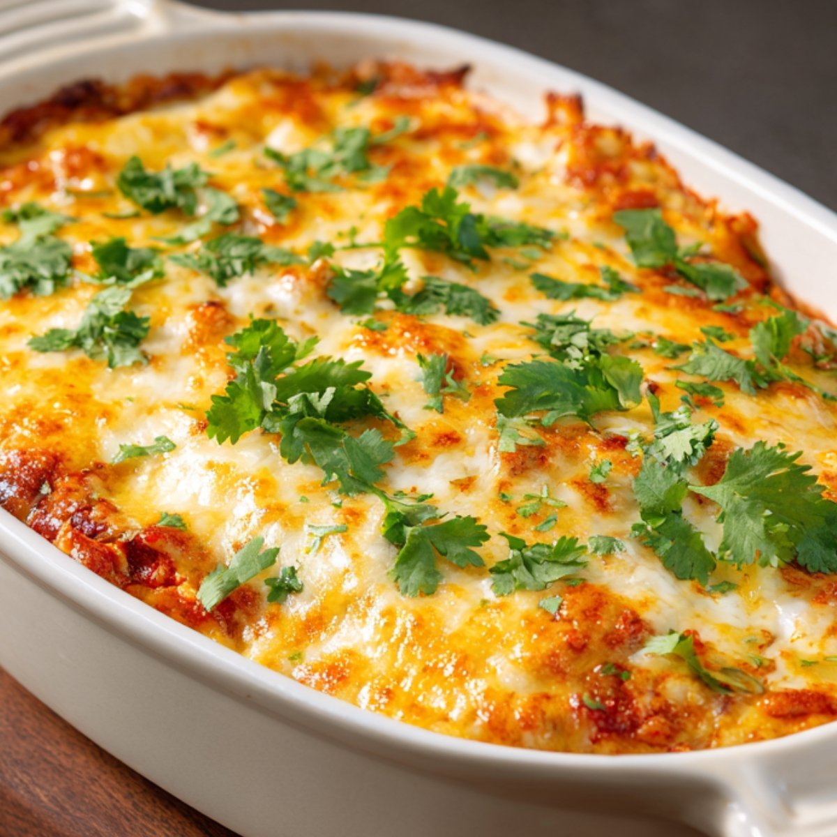 A baked dish of creamy white chicken enchiladas topped with golden melted cheese and fresh cilantro in a white casserole dish.