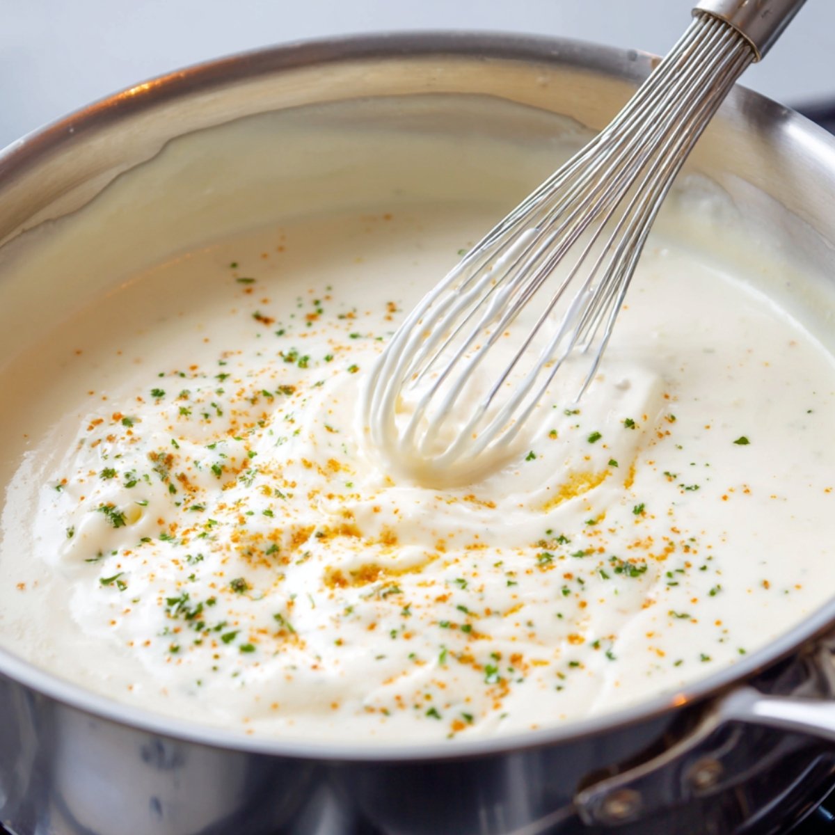 A saucepan of creamy white sauce being whisked, garnished with seasonings and herbs.