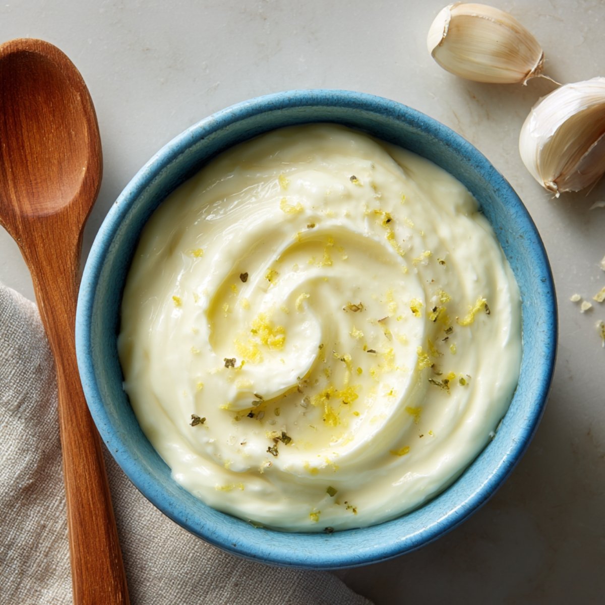 A blue bowl filled with creamy homemade garlic aioli, garnished with lemon zest and a drizzle of olive oil, with garlic cloves and a wooden spoon nearby.