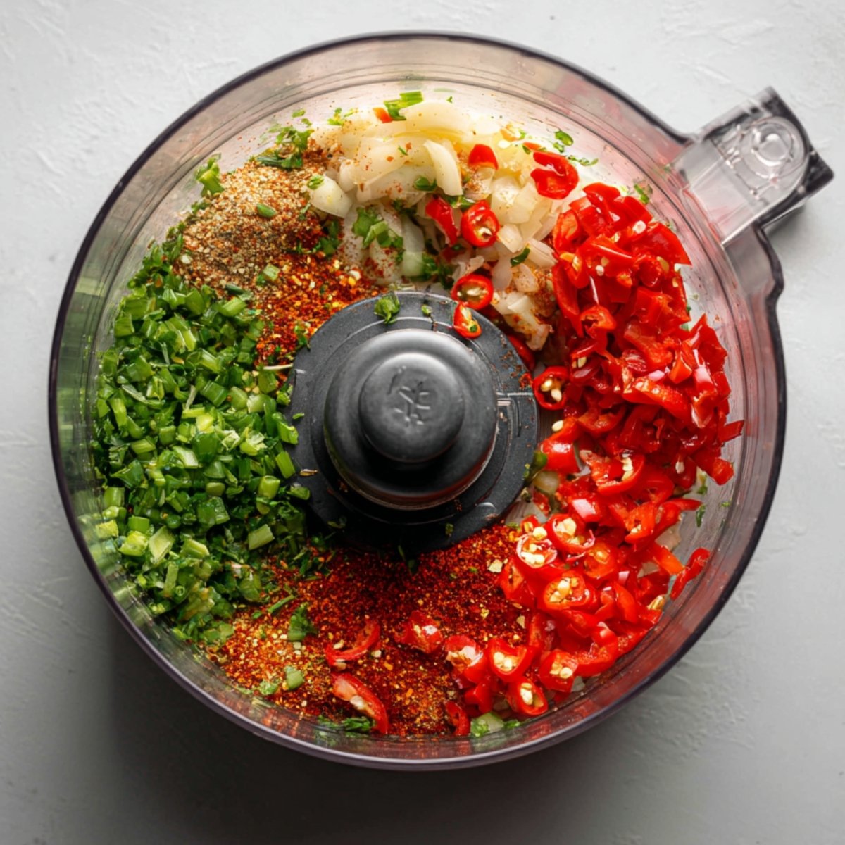 A food processor filled with fresh ingredients: chopped red chili peppers, green herbs, onions, garlic, and various spices, ready to be blended into a sauce or paste.
