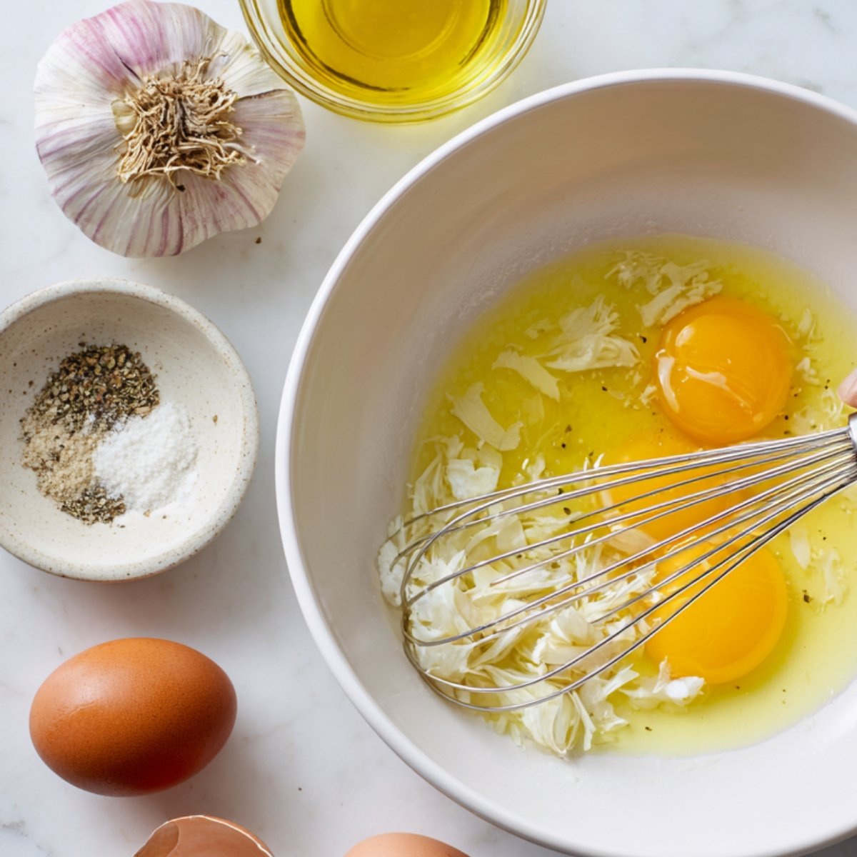 A mixing bowl with two cracked eggs, shredded garlic, and a whisk, surrounded by a garlic bulb, olive oil in a glass bowl, eggshells, and a small dish of salt and pepper.