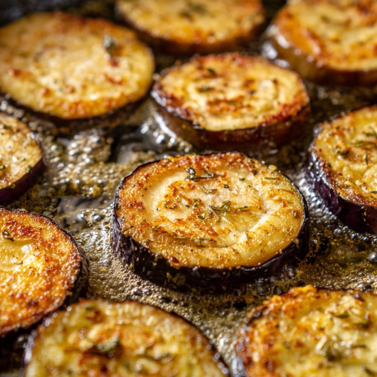Round slices of Japanese eggplant being pan-fried until golden brown with a crispy texture.